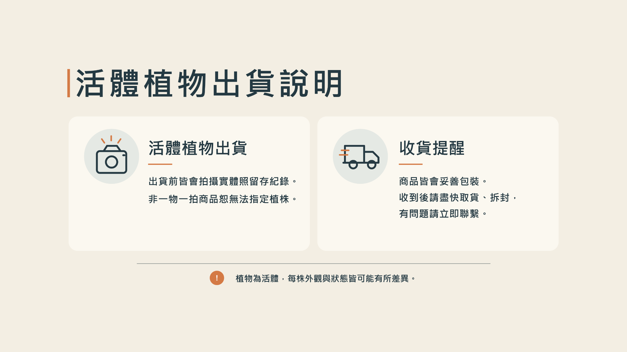 活體植物出貨說明:出貨前拍攝實體照片留存,商品妥善包裝並提醒收貨後儘快拆封